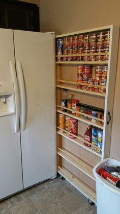 a white refrigerator freezer sitting inside of a kitchen next to a pantry filled with food