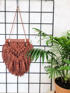 a wall hanging made out of macrame beads and leather tassels with a plant in the foreground