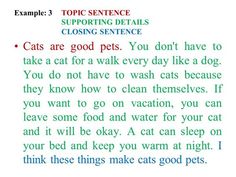 a poem written in green and blue with the words'topic sentence supporting details closing sentence cats are good pets you don't have to take a