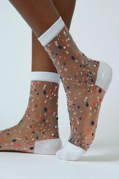 Shop for White sheer multicolour dot socks at Glassworks London. Free UK shipping for orders over £75. Buy Now Pay Later with Klarna. White Stretch Nylon Socks, Fitted Sheer Summer Socks, Fitted Multicolor Summer Socks, Sheer Fitted Nylon Socks, Spring Mesh Socks, Trendy Fitted Nylon Socks, Trendy White Hosiery For Summer, Trendy Mesh Socks For Spring, Trendy Spring Mesh Socks