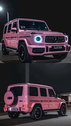 the pink mercedes g - class is shown in three different angles