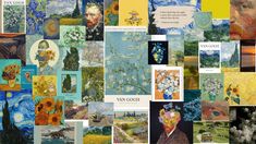 a collage of paintings and pictures with words written on them that read van gogh