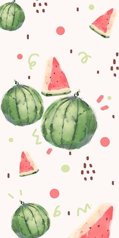 watermelon slices are arranged on a white background with polka dotes and circles