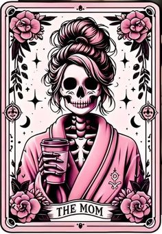 a card with a skeleton holding a cup in it's hand and the words, the