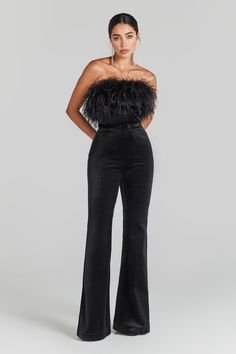 Black Theme Party Outfit, Feather Jumpsuit, Evening Jumpsuits, Black Velvet Jumpsuit, Velour Jumpsuit, Nadine Merabi, Womens Black Jumpsuit, Tuxedo Women, Content Design