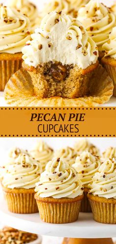 cupcakes with cream cheese frosting and pecan pie toppings on top