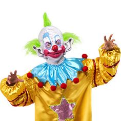 a man dressed in a clown costume holding his hands up