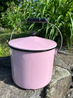 a pink bucket sitting on top of a rock