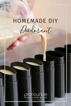 homemade diy deodorant is being poured into black plastic cups with the words, homemade diy deodorant