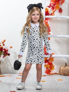 White Stellar Star Collared Dress by Kids Couture Fitted Star Print Dress For Spring, Fitted Star Print Spring Dress, School Picture Day, Dress With White Collar, Toddler Flower Girls, School Picture, Girls Dress Outfits, Toddler Flower Girl Dresses