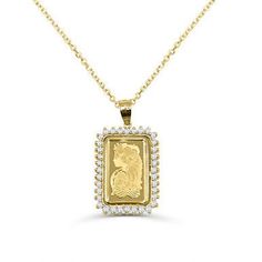 "14K Yellow Gold 1 Gram Ingot Pendant Necklace With Diamond Frame Lady Fortuna Ingot Great way of wearing your Lady Fortuna gift on your neck. Fortūna, equivalent to the Greek goddess Tyche, is the goddess of fortune and luck in Roman empire. Total Carat 0.46ct - 36 small diamonds  Weight without chain 3.6 grams Weight with chain 5.7 grams Height 2.04 cm Width 1.39 cm Depth 1.19 cm Chain option comes with a 18\" Rolo Chain. You can also purchase the ingot by itself."