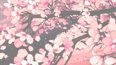 an abstract painting of pink and white flowers on a tree branch with leaves in the foreground