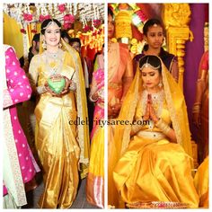 Bride in Big Border Silk Saree Zardosi Work Blouse, Langa Voni, South Indian Bride, Bridal Jewellery