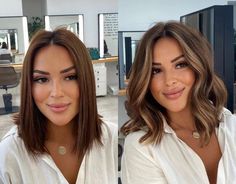 Trendy Medium Length Haircuts Dark Hair, Brunette Before And After, Naomi Boyer Hair, Hair Color Ideas For Brunettes For Summer Medium Length, Short Dark Hair With Money Piece, Fall 2023 Hair Trends Haircuts, Blonde To Brunette Before And After, Short Dark Hair, Brunette Hair With Highlights