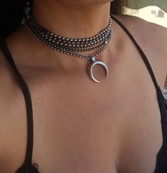 "♦ A multi chains necklace, made of a silver mix with gray black-plated brass in very high quality with a Crescent moon pendant in its center. SIZE Length: 15.8\" (40cm) up to 17.7\"(45cm) (The size refers to the bottom chain) pendant height: 1.57\"(4cm) Pendant width: 1.57\"(4cm) ♦ This piece of jewelry is perfect as a gift for yourself, for a wedding day, Valentine's day or a birthday. If you're interested in sending a gift to a third party, just write your message to the recipient and I will Double Horn Necklace, Horn Pendant Necklace, Choker Silver, Multi Chain Necklace, Crescent Necklace, Diy Jewelry Inspiration, Necklace Layered, Crescent Moon Pendant, Horn Necklace