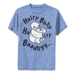 a blue t - shirt with an image of a baby in the middle of it