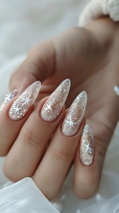 Cat Eye Winter Nails, Moon And Stars Nail Art, Neutral Glitter Nails, Dark Sparkly Nails, January Birthday Nails, White And Silver Nail Designs, Silver Nails Designs, White Winter Nail Designs, Chrome Winter Nails