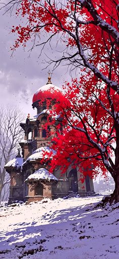 a painting of a building with red trees in the foreground and snow on the ground