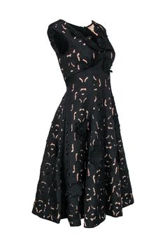 Grab this classic appliqued beauty from Moulinette Soeurs for some Black Tie-ready style! Perfect for wearing with slingbacks, your favorite red lipstick and a clutch, this is a timelessly elegant piece to wear over and over again! Size 2 100% Polyester Tea length, A-line silhouette V-neckline Floral appliques Cutouts with contrasting lining Zippered back Waist 27" Bust 30" Total length 42" Chic Lace Party Dress, Chic Formal Lace Dress, Glamorous Spring Formal Dresses, Spring Evening Dresses With Ruffles, Holiday Evening Lace Dresses, Spring Formal Lace Dresses, Fit And Flare Dress For Summer Gala, Summer Fit And Flare Dress For Gala, Chic Lace Gala Dress