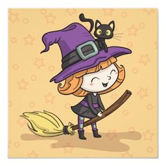 a cute little witch with a cat on her head