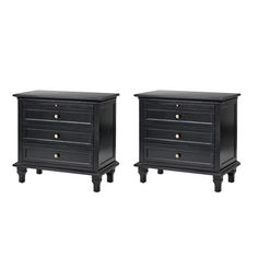 a pair of black nightstands with gold knobs on each side and one drawer open