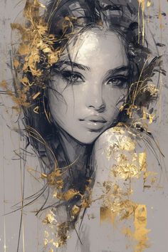 a painting of a woman's face with gold paint splatters on it