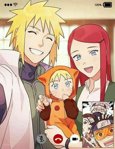 an image of two people and a baby with anime characters on the screen behind them