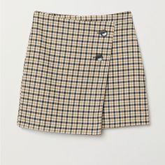 New With Tags H&M Asymmetrical Plaid Skirt With Two Buttons. Zips Down Back. Never Worn, Size 4. Brown Asymmetrical Skirt For Work, Brown Asymmetrical Skirt For Workwear, Casual Asymmetrical Mini Skirt For Workwear, Beige Asymmetrical Mini Skirt For Workwear, H&m Fall Skirt For Workwear, H&m Fall Workwear Skirt, Chic H&m Mini Skirt For Fall, H&m Mini Skirt For Fall Workwear, Fall Workwear Mini Skirt By H&m