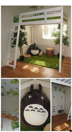 there is a bunk bed with a totoro stuffed animal on the bottom floor