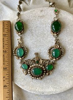 "Stunning Circa 1800s Victorian Austro Hungarian Green Chrysoprase Pearl Silver Gilt Royal Crown Antique Necklace Measures aprox 16 1/2\" Around Weighs 45.8 grams See pictures next to ruler fro scale has been tested and tests silver Although this is Hungarian pice it has a very unique Italian peruzzi feel" Austro Hungarian, Usa Jewelry, Antique Necklace, Jade Carving, Royal Jewelry, Handcrafted Necklace, Crown Royal, Gorgeous Bracelet, Silver Pearls