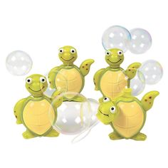 some bubbles are floating in the air with turtles on them and one turtle has its head turned to look like it's swimming