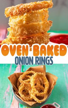 A stack of onion rings with a text title overlay. Onion Rings Air Fryer, Onion Ring Batter