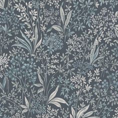 a blue and white floral wallpaper with lots of green plants on the top right side