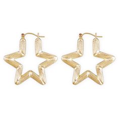 These 10kt gold star hollow bamboo earrings measure 1 3/8 inches wide and are crafted in the USA. Styled in the 80s fashion trend, these earrings are popular today and come in a set of two. Clips secure the earrings, ensuring 100% 10kt yellow gold for a timeless look. Metal: 100% 10k gold (not plated) Width: 1 3/8 Inch - (35 mm) Approx. Thickness: 3/16 Inch - (5 mm) Approx. Weight: 4.5 grams of 10k gold - Approx. Star Door, The 80s Fashion, 80s Fashion Trends, Bamboo Earrings, Stars Hollow, 2 Earrings, Door Knocker, Inspired Jewelry, Timeless Accessories