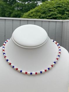 Excited to share the latest addition to my #etsy shop: American Color Necklace / Rice Freshwater Pearl Necklace / American Pearl Necklace / Red, White, and Blue Jewelry / Beaded Pearl Necklace https://etsy.me/3lFOnOw #unisexadults #july4thjewelry #memoraldayjewelry #ju Patriotic White Jewelry With Colorful Beads, Red White And Blue Jewelry, Red Patriotic Necklace For 4th Of July, Patriotic Blue Jewelry With Colorful Beads, Patriotic Round Beads Necklace As Gift, Patriotic Round Beads Necklace Gift, Patriotic Blue Round Bead Jewelry, Patriotic Multicolor Necklaces For Gifts, Adjustable Patriotic Red Necklace