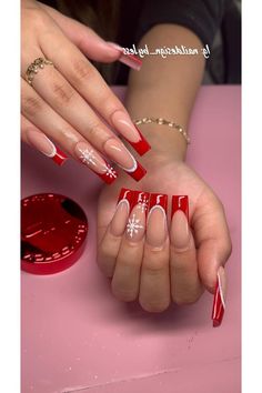 It can be anything, as long as it's holiday-themed! Christmas Nail Sets Red, December Acylic Nails, Red Tips Coffin Shape, Christmas Nails Mid Length, Red Christmas Nails Baddie, Chri Stmas Nails, French Tip Nails Christmas Design, Xmas Nails Coffin Shape, Short Coffin Holiday Nails