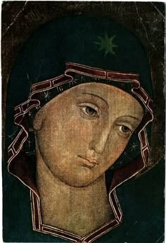 an old painting of a woman's head with a green hat on her head