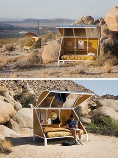 two pictures of a man sitting on a bed in the desert