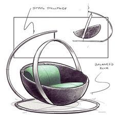 a drawing of a chair with a circular seat and foot rest on the ground, as well as an object that appears to be suspended