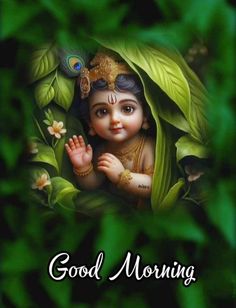 an image of lord ganesha with the words good morning on it in green leaves