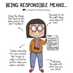 a cartoon drawing of a woman holding a sign that says being responsible means