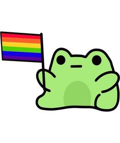 a green frog holding a rainbow flag