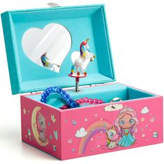 an open pink box with a unicorn on it and a mirror in the top lid