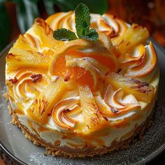 a cake with oranges and whipped cream on top is sitting on a glass plate