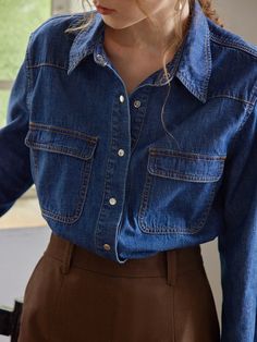 Layla Blue Denim Shirt – Simple Retro Blue Denim Shirt Women Outfit, Dark Denim Shirt Outfit, Dark Blue Shirt Outfit, Blue Denim Shirt Outfit, Collar Under Sweater, Denim Shirt Outfit Women, Stylish Casual Outfits, Dark Denim Shirt, Denim Shirt Outfit