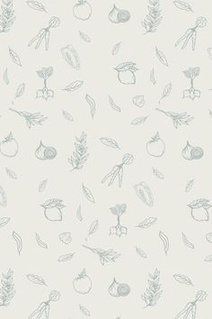 a white wallpaper with various fruits and vegetables on it, all drawn in blue ink