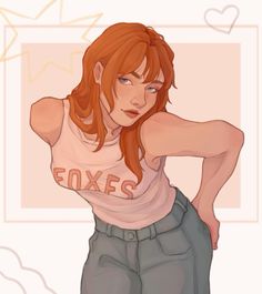 a drawing of a woman with red hair and an inscription on her shirt that says foxes