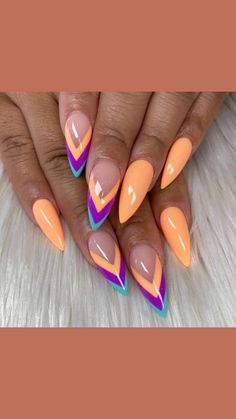 Summer Nails 2023, Peach Nails, Bright Summer Nails, Beauty Nails Design, Purple Nail, French Acrylic Nails, Nails 2023, Neon Nails, Fancy Nails