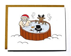 a christmas card with an image of a man in a hot tub surrounded by reindeers