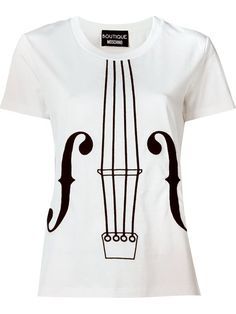 BOUTIQUE MOSCHINO Embroidered Violin T-Shirt. #boutiquemoschino #cloth #t-shirt Painting Clothes, Embroidered Cotton Top, Cello Music, T Shirts White, Violin Music, Boutique Moschino, Guitar Parts, Music Design, Music Fashion